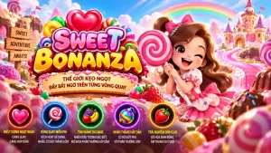 Giao diện trò chơi GO99 SWEET BONANZA với biểu tượng kẹo và tùy chọn cược